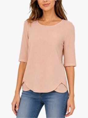 Bar III NWT Size XS Blush Textured 3/4 Sleeve Top Quarter Zip Back Curved Hem